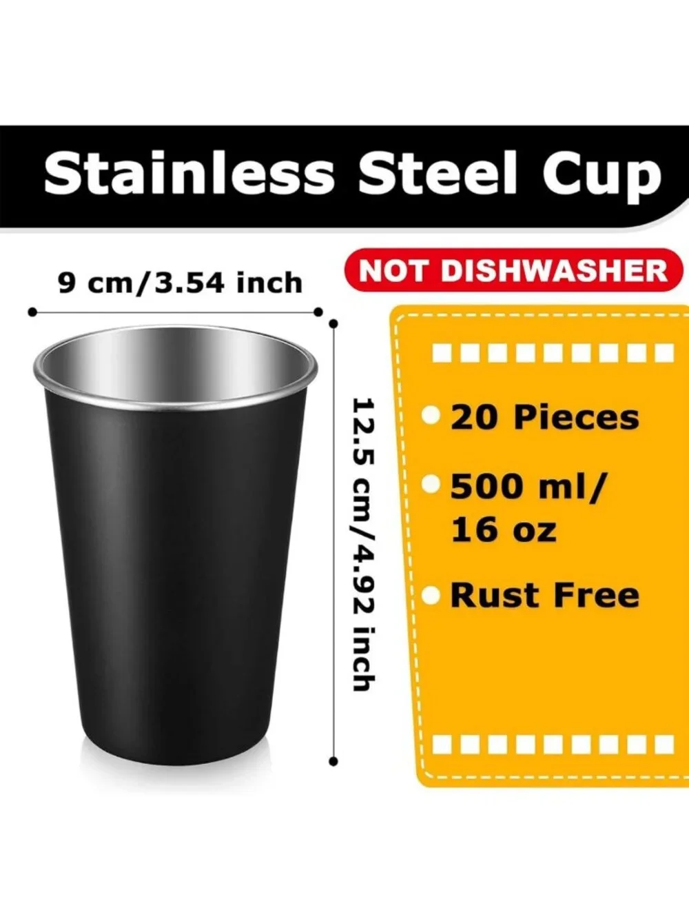 20 Pack 16oz Stainless Steel Metal Cups - Durable, Reusable, Black Drinkware
